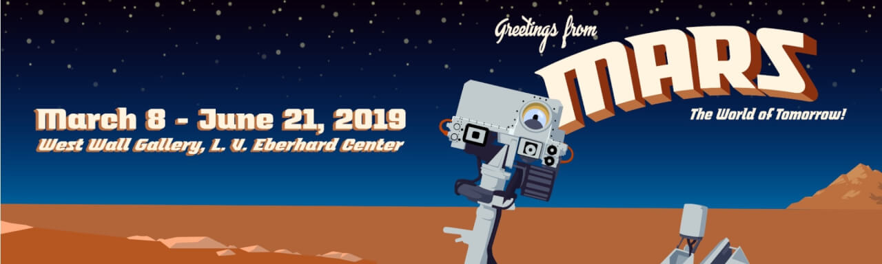 vector image of rover illustration with text that reads "greetings from Mars: the world of tomorrow"